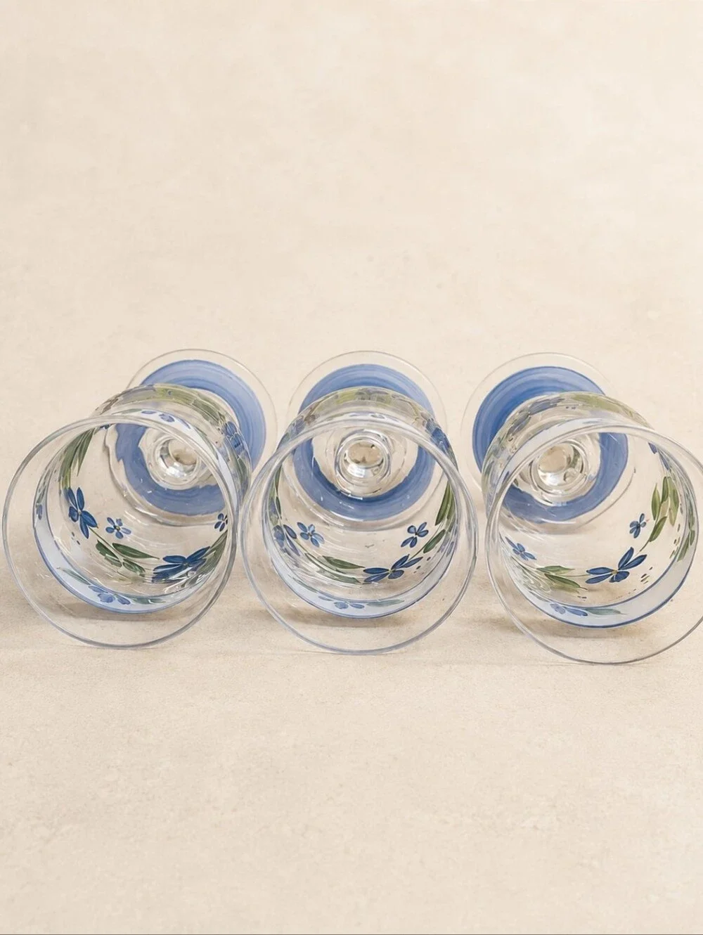 Vintage Hand Painted Blue Floral Glass Goblets Set of 3 Summer Breeze Style